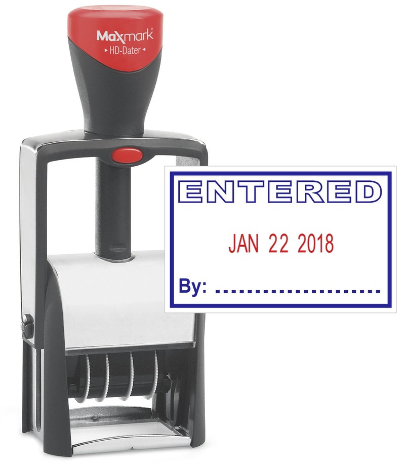 MaxMark Heavy Duty Self Inking Date Stamp with Phrase Entered - 2 Color Blue/Red Ink - Image 1